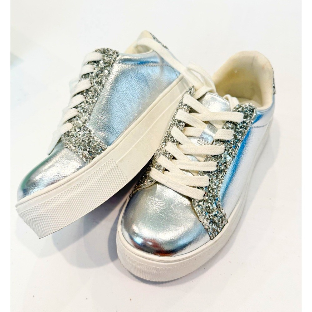 MIA Girls Silver Glitter LaceUp Low Top Sneakers Round Toe Youth Size 13M Casual